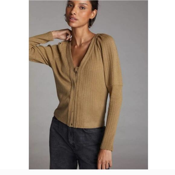 Anthropologie Brown Olive Snap Button Cardigan Sweater - Picture 1 of 10
